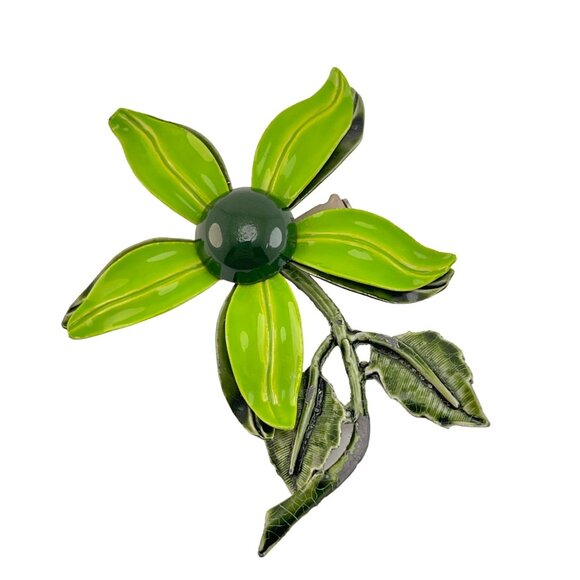 Flower Power 1970s Pin Brooch Vintage Enamel Green 3 inch - Picture 2 of 5